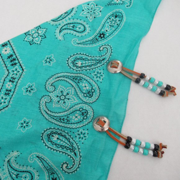 Y2K Southwestern Bandana Silver Tone Metal Conchos, Leather Fringe & Beads New - Picture 5 of 10